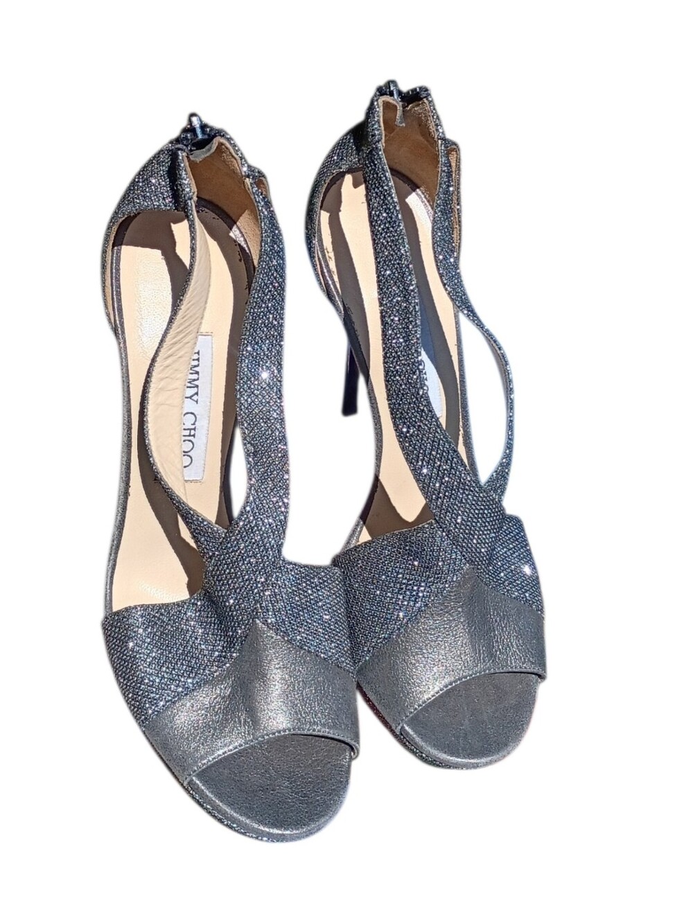 Authentic Jimmy Choo Leather Glitter Sandals With A 5 Inch Heel Size 39 - Picture 2 of 9